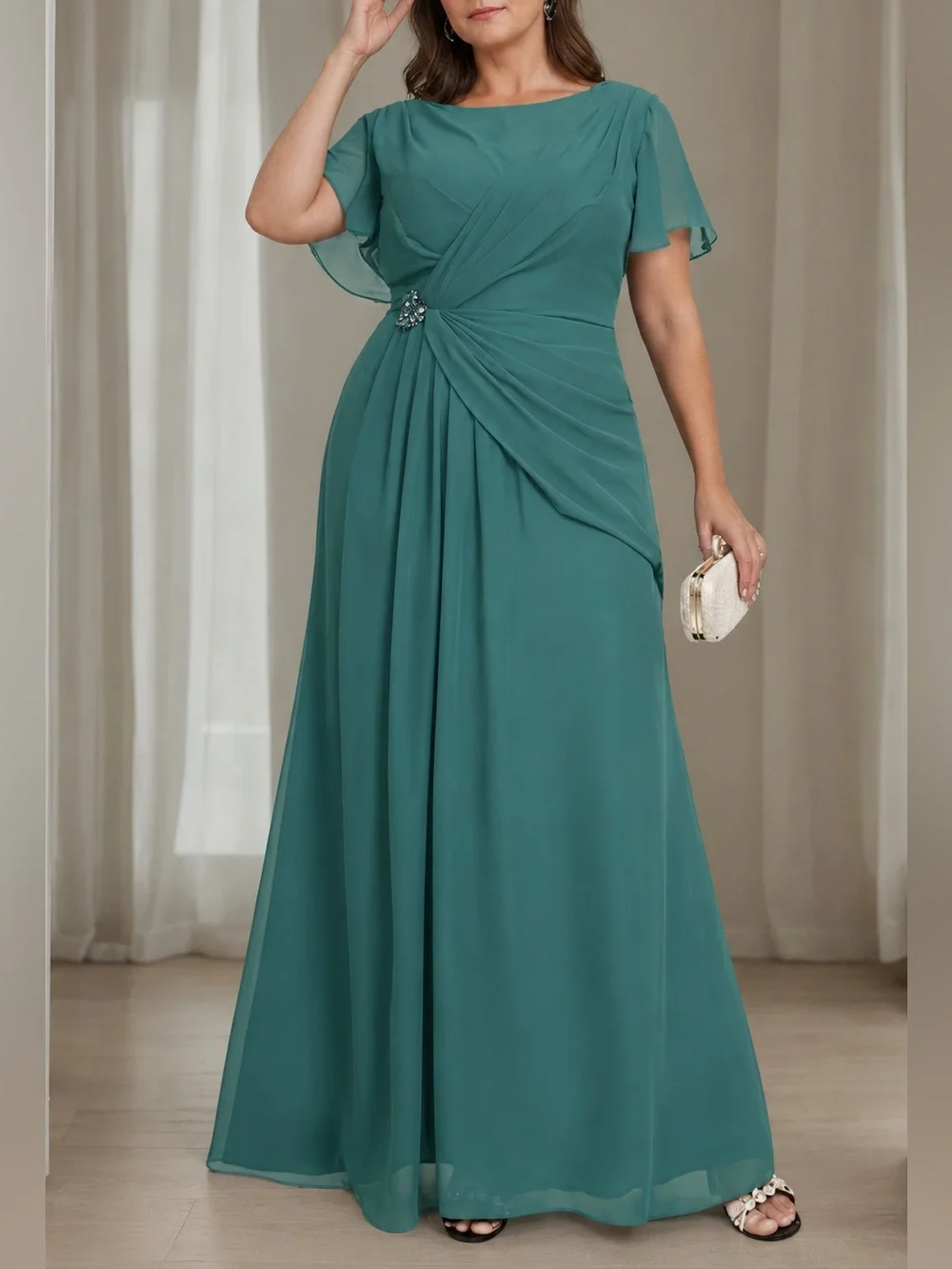 Mondressy Chiffon Formal Gown – Teal/Sage Green – NWOT – Plus Size
